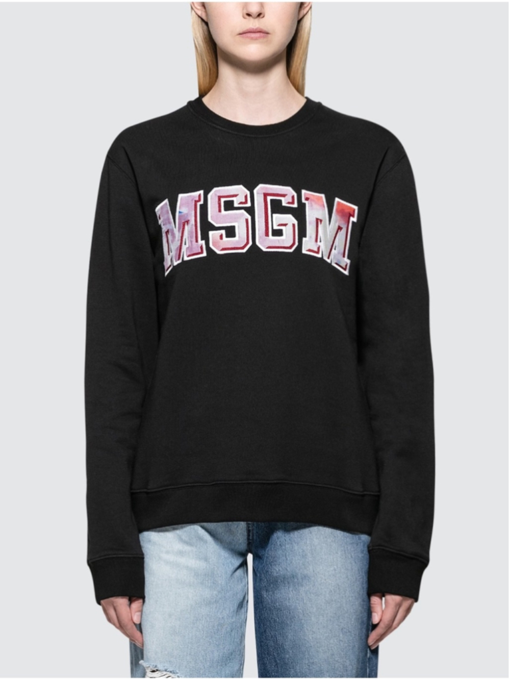 MSGM Milano Women’s Black College Logo Silk Appliqué Crewneck Sweatshirt S